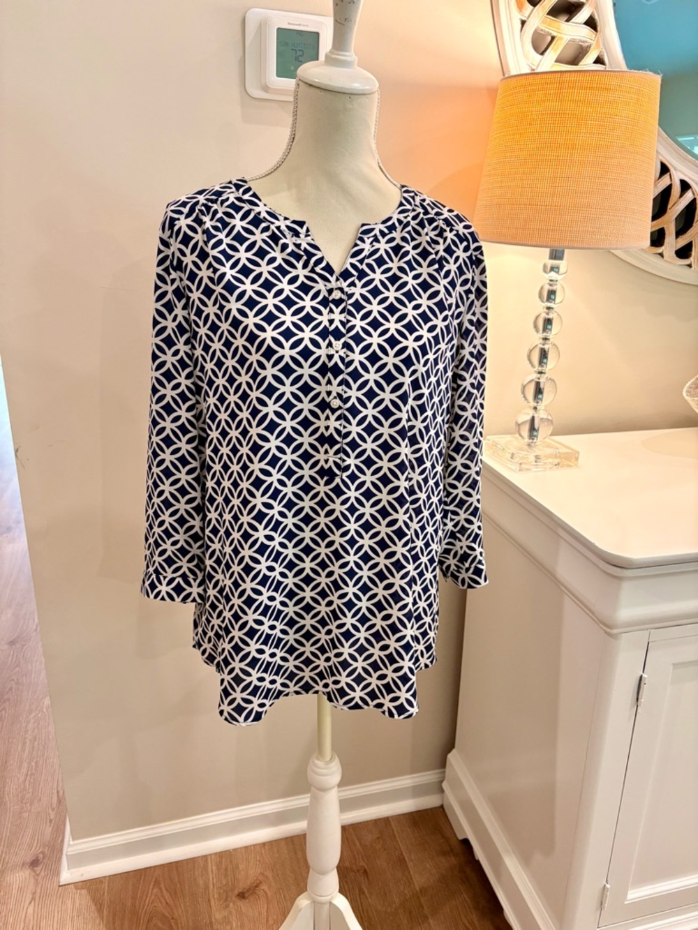 Van Heusen Navy & White Geometric Split-Neck Blouse